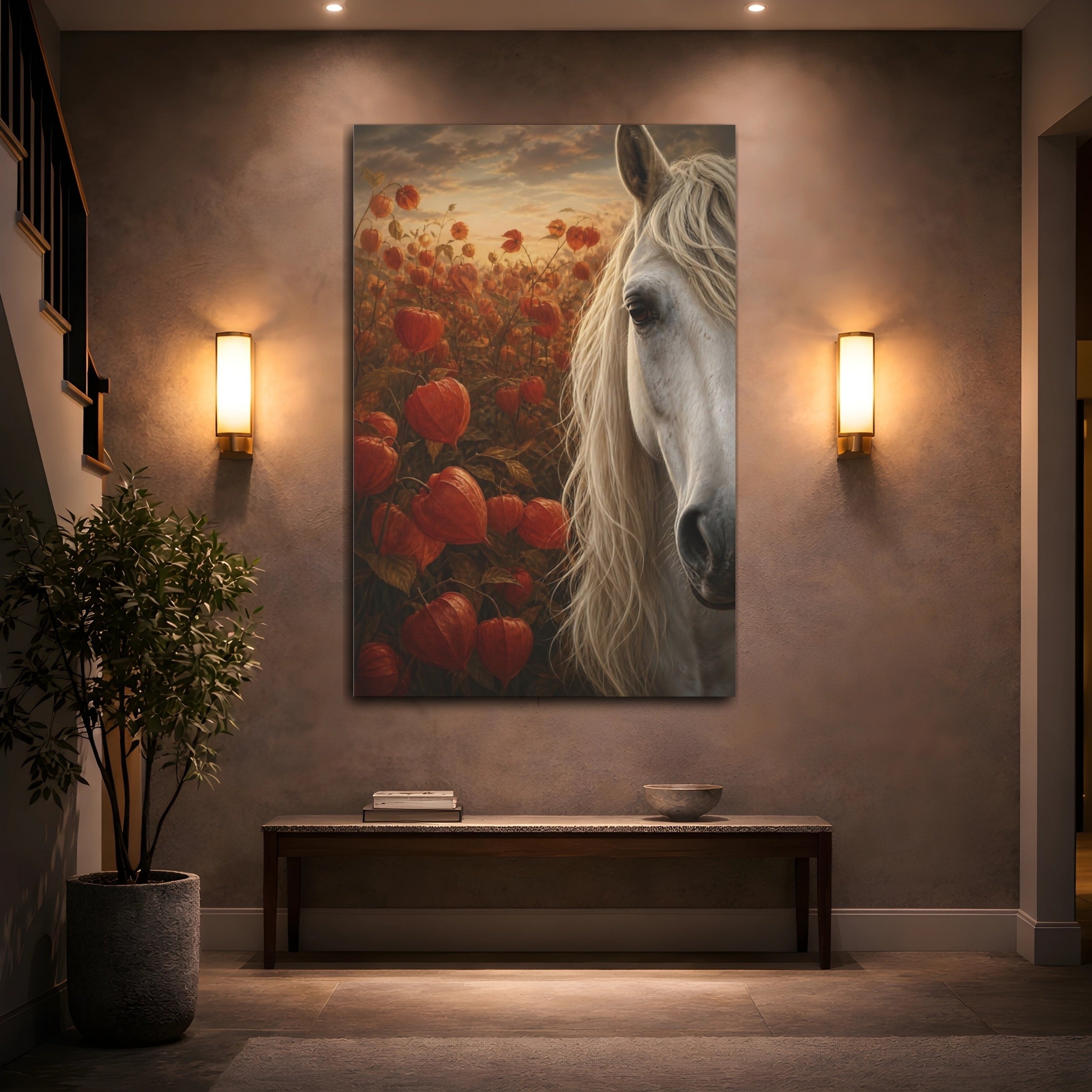 Mockup 2. Animals Horse Orange And White shown as stretched canvas wall art