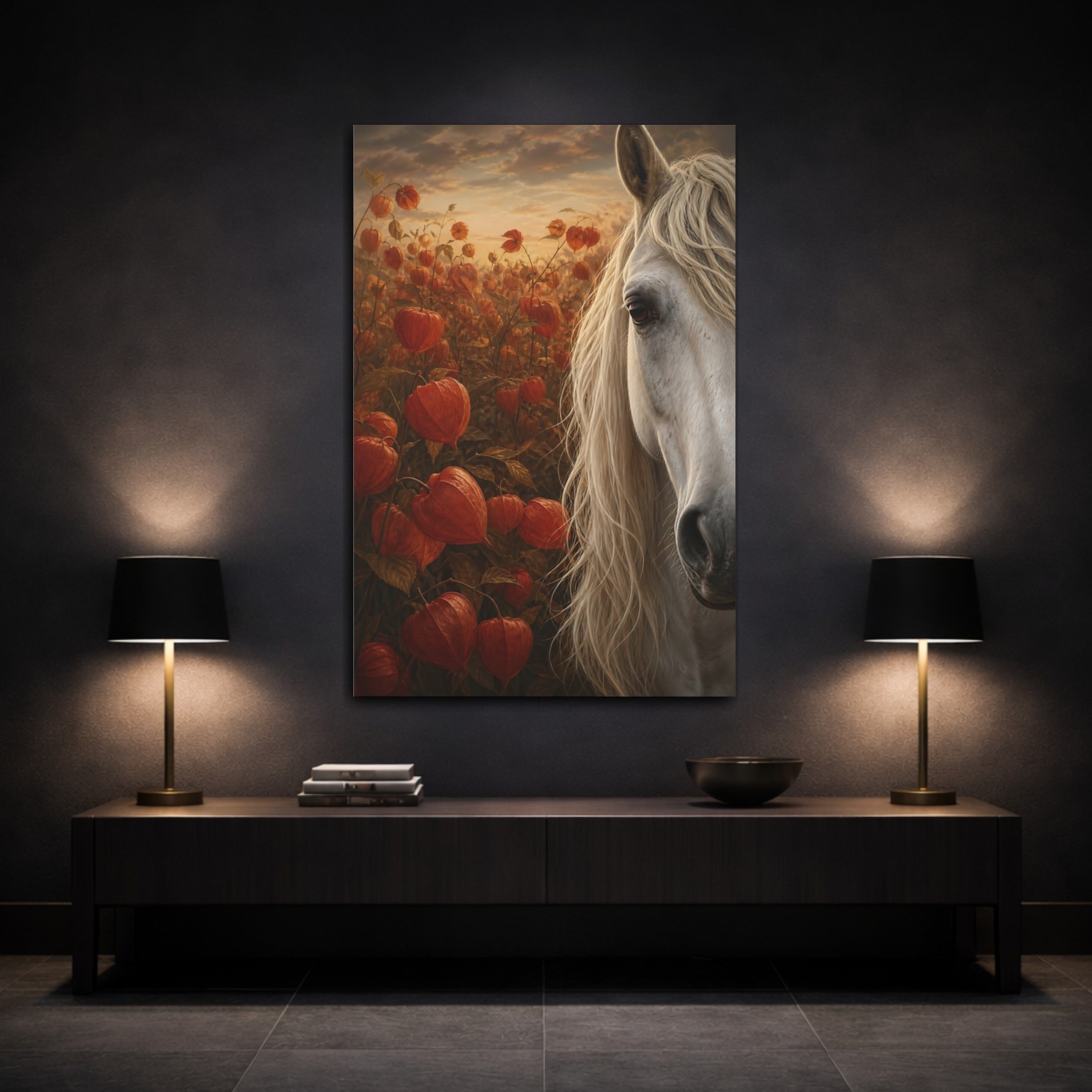 Mockup 3. Animals Horse Orange And White shown as stretched canvas wall art