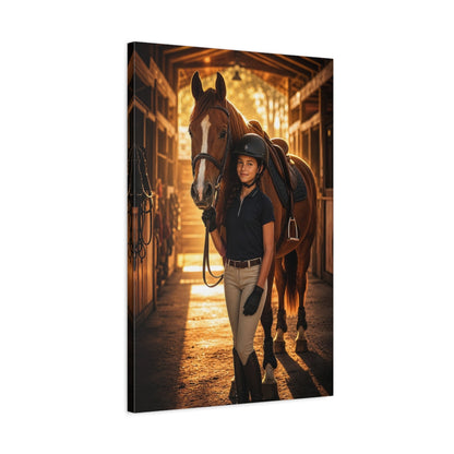 Side Mockup 2. Animals Horse Rider Brown And Gold Horse shown as canvas print