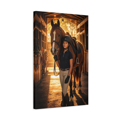 Side Mockup 3. Animals Horse Rider Brown And Gold Horse shown as canvas print