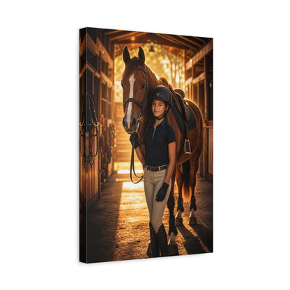 Side Mockup 4. Animals Horse Rider Brown And Gold Horse shown as canvas print