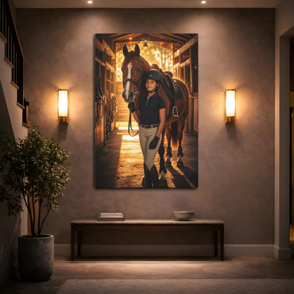 Mockup 2. Animals Horse Rider Brown And Gold Horse shown as canvas print