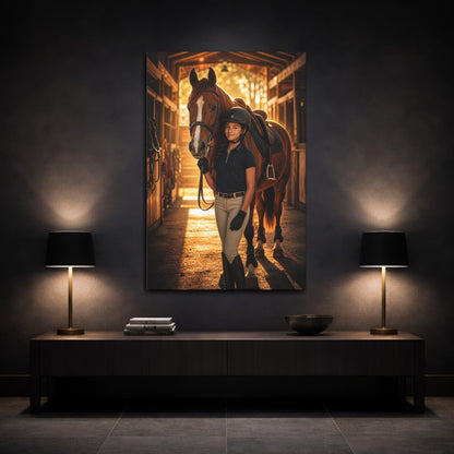 Mockup 3. Animals Horse Rider Brown And Gold Horse shown as canvas print