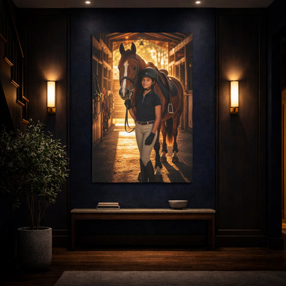 Mockup 4. Animals Horse Rider Brown And Gold Horse shown as canvas print