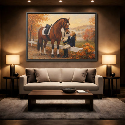 Mockup 2. Animals Horse, Girl Brown Horse Autumn shown as framed canvas print