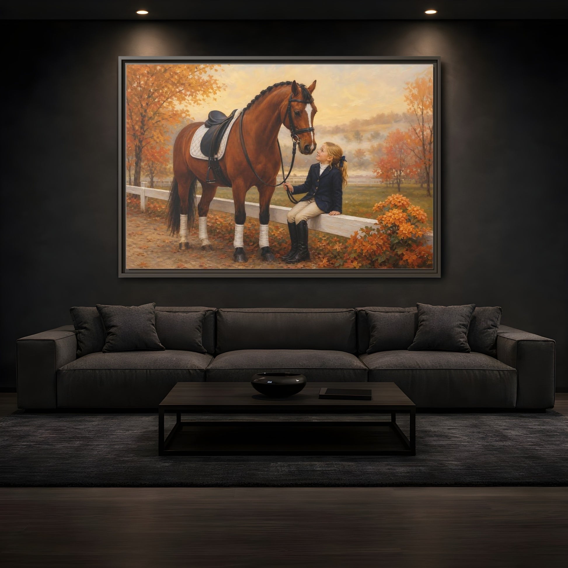 Mockup 3. Animals Horse, Girl Brown Horse Autumn shown as framed canvas print