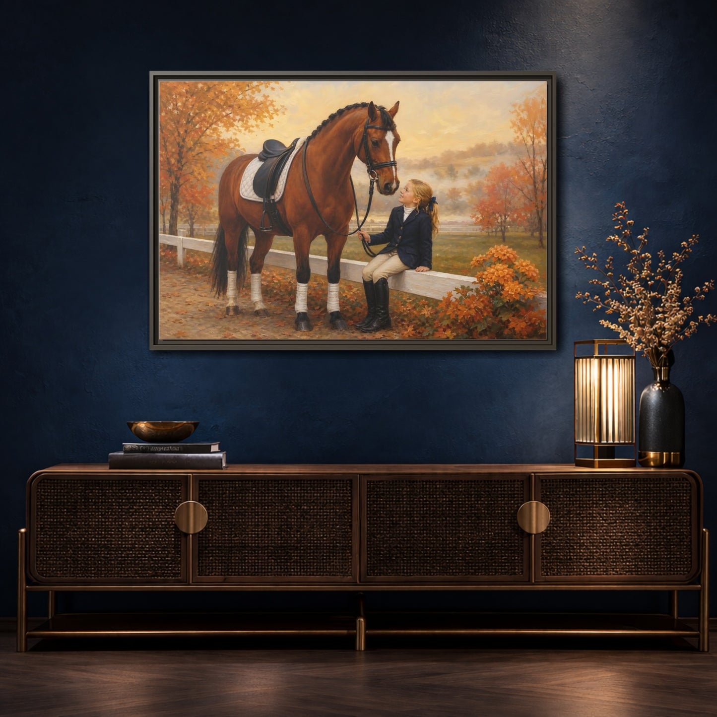 Mockup 4. Animals Horse, Girl Brown Horse Autumn shown as framed canvas print