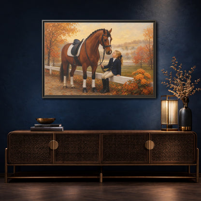 Mockup 4. Animals Horse, Girl Brown Horse Autumn shown as framed canvas print