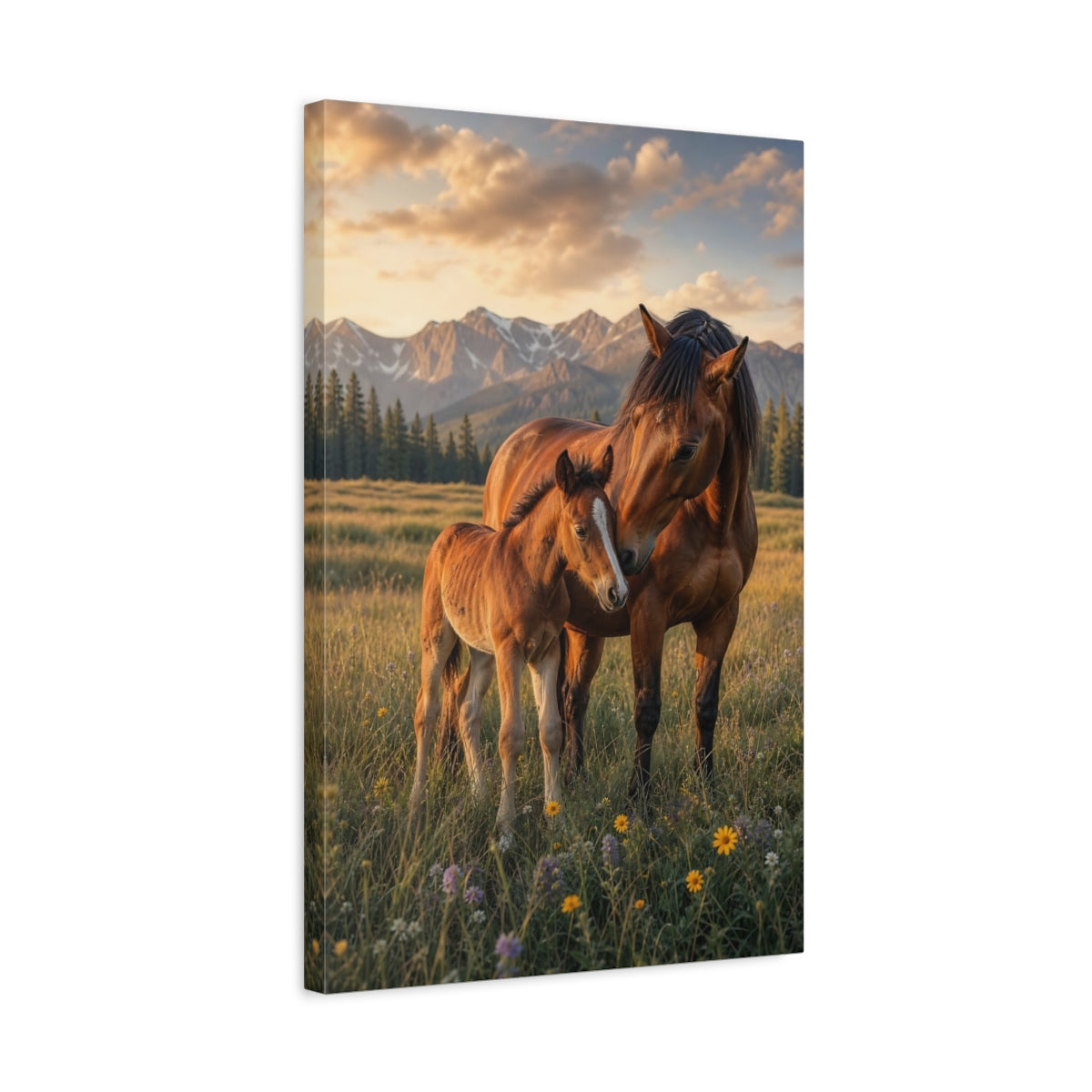 Side Mockup 3. Animals Horses Brown And Gold shown as stretched canvas wall art