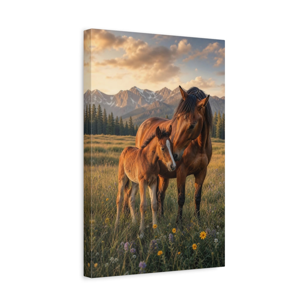 Side Mockup 4. Animals Horses Brown And Gold shown as stretched canvas wall art