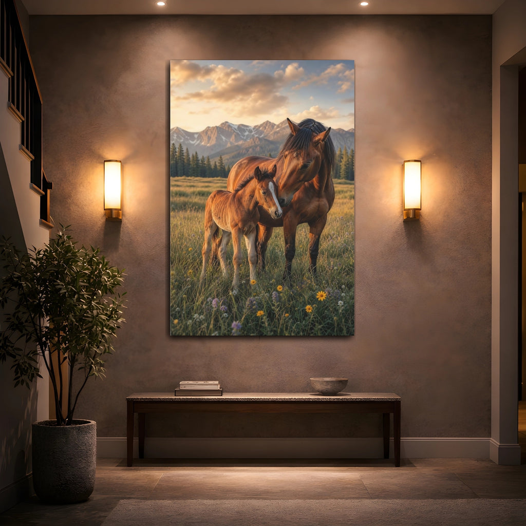 Mockup 2. Animals Horses Brown And Gold shown as stretched canvas wall art