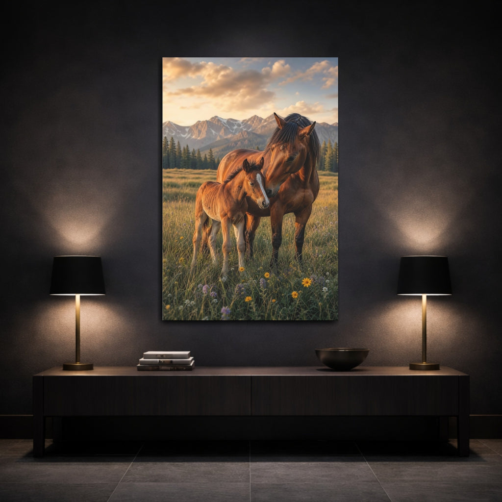 Mockup 3. Animals Horses Brown And Gold shown as stretched canvas wall art
