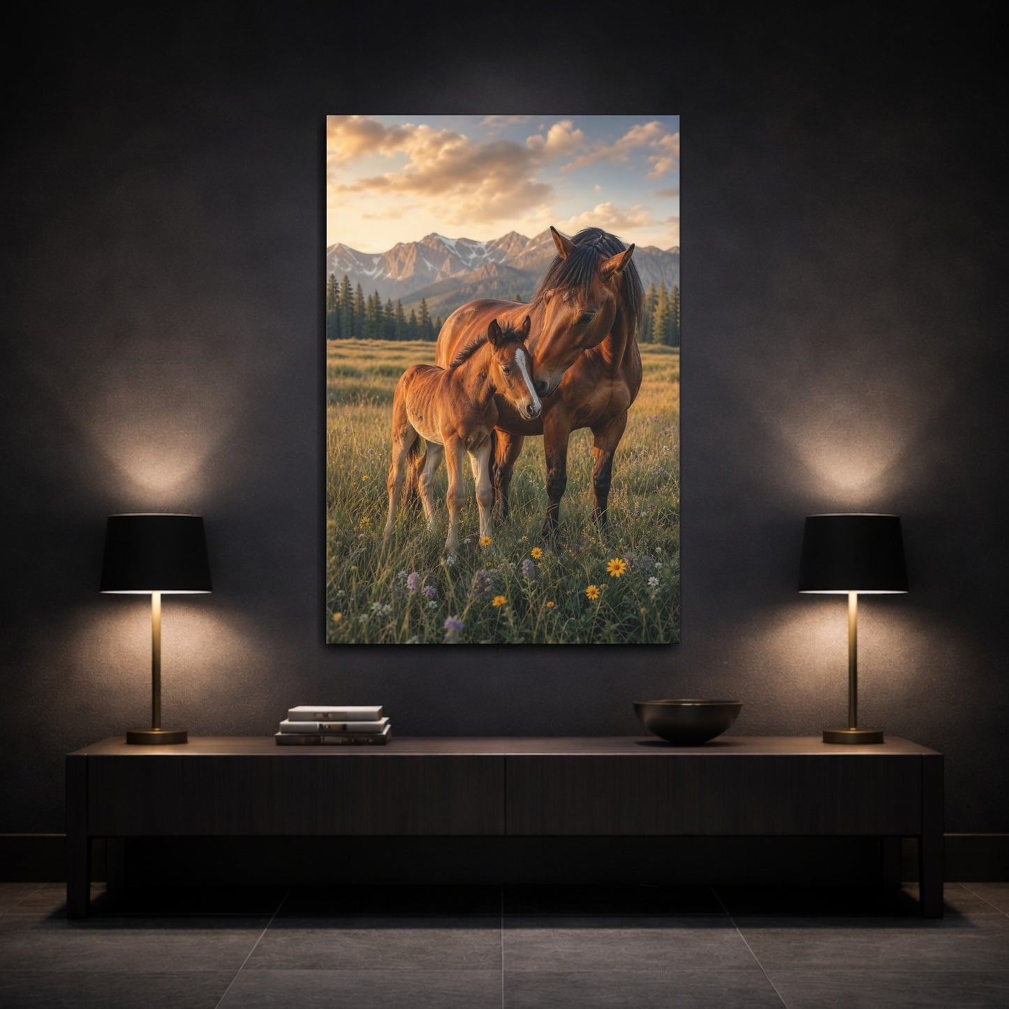 Mockup 3. Animals Horses Brown And Gold shown as stretched canvas wall art