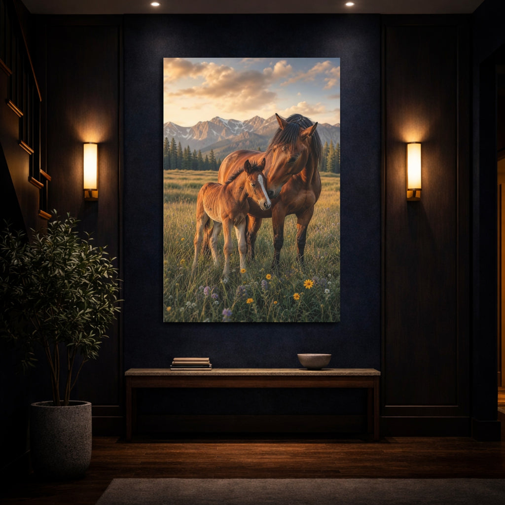 Mockup 4. Animals Horses Brown And Gold shown as stretched canvas wall art