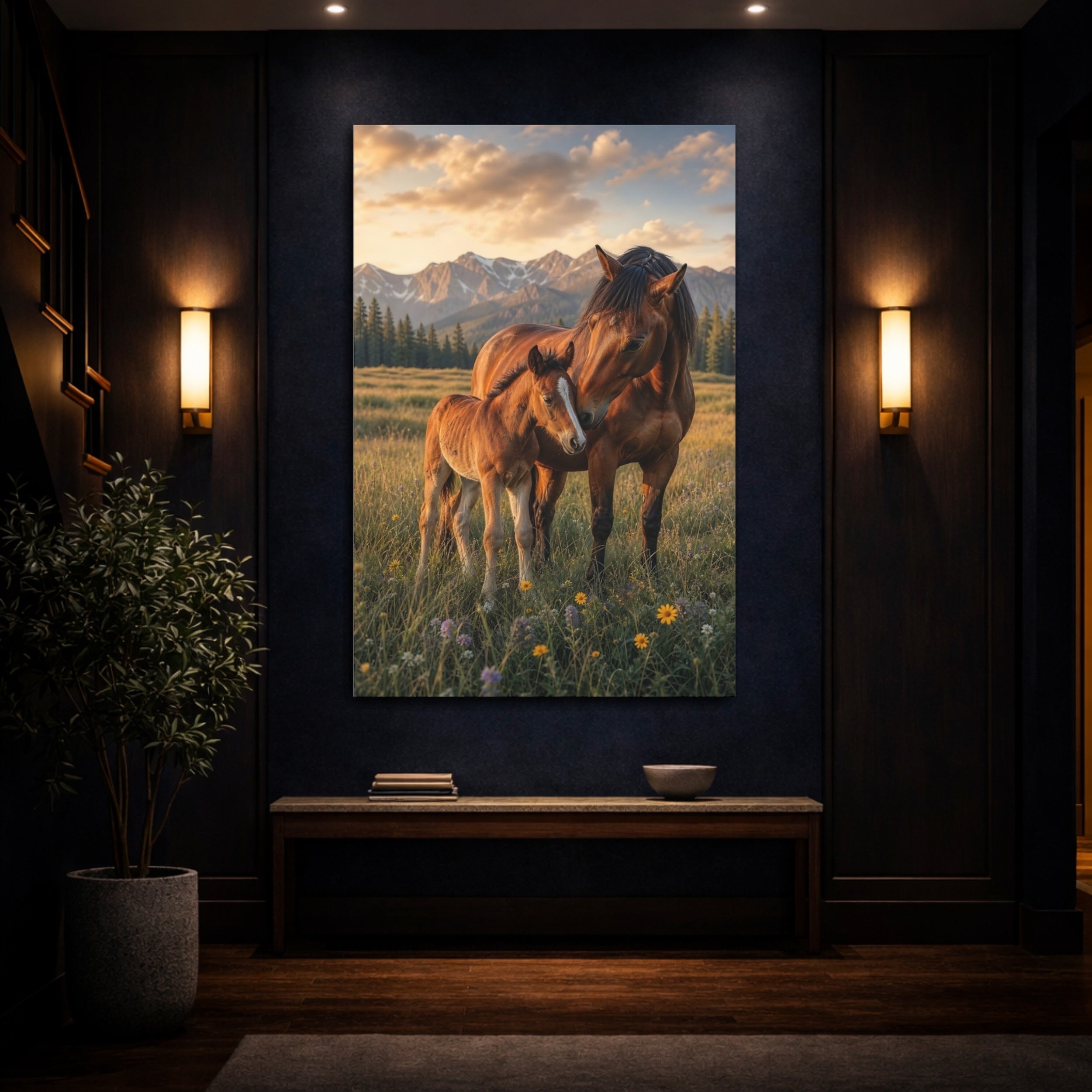 Mockup 4. Animals Horses Brown And Gold shown as stretched canvas wall art