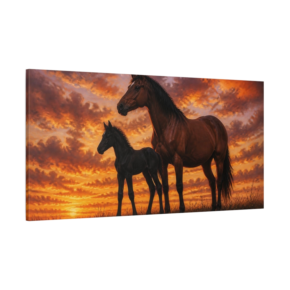 Side Mockup 2. Animals Horses Brown And Orange shown as stretched canvas wall art