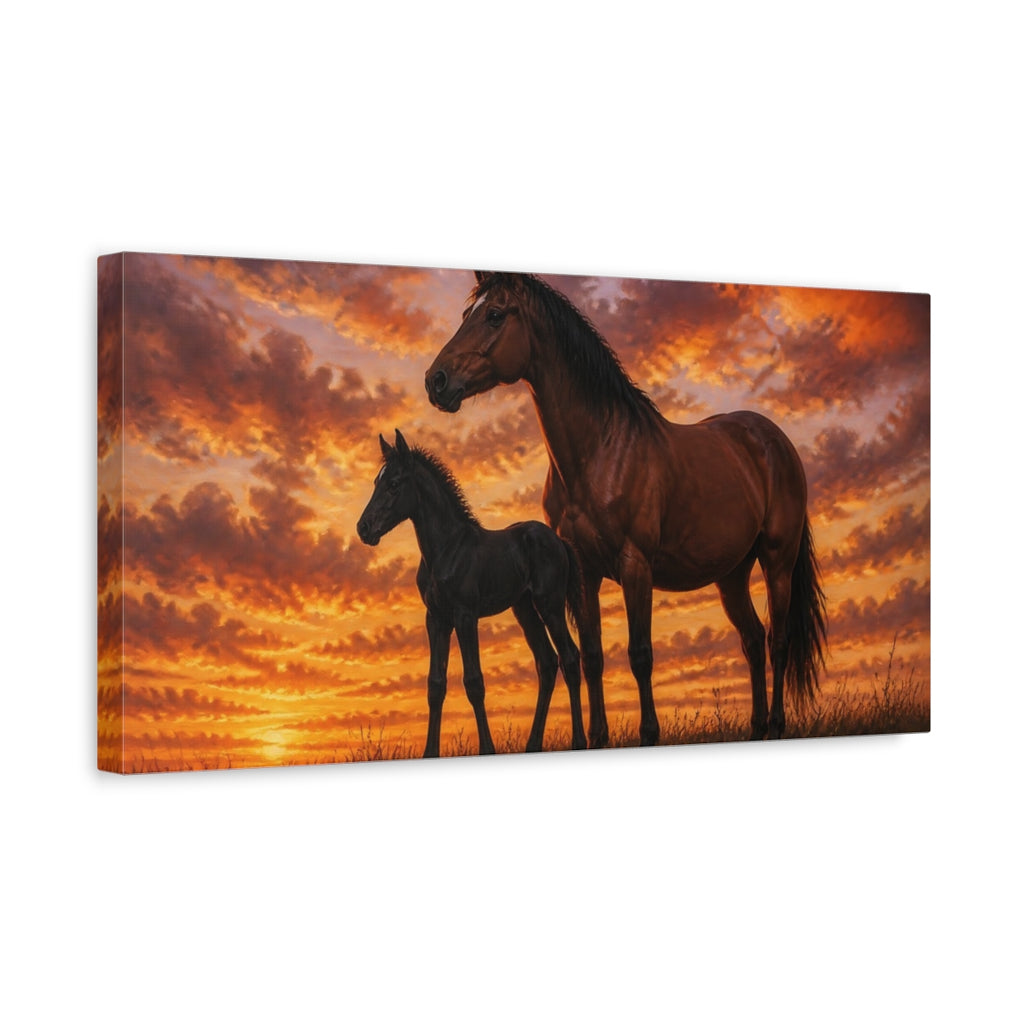 Side Mockup 3. Animals Horses Brown And Orange shown as stretched canvas wall art