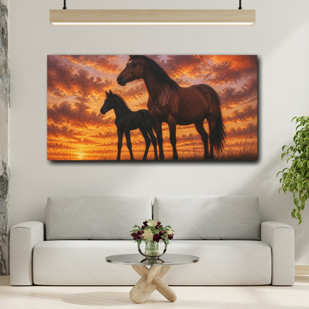 Mockup 2. Animals Horses Brown And Orange shown as stretched canvas wall art