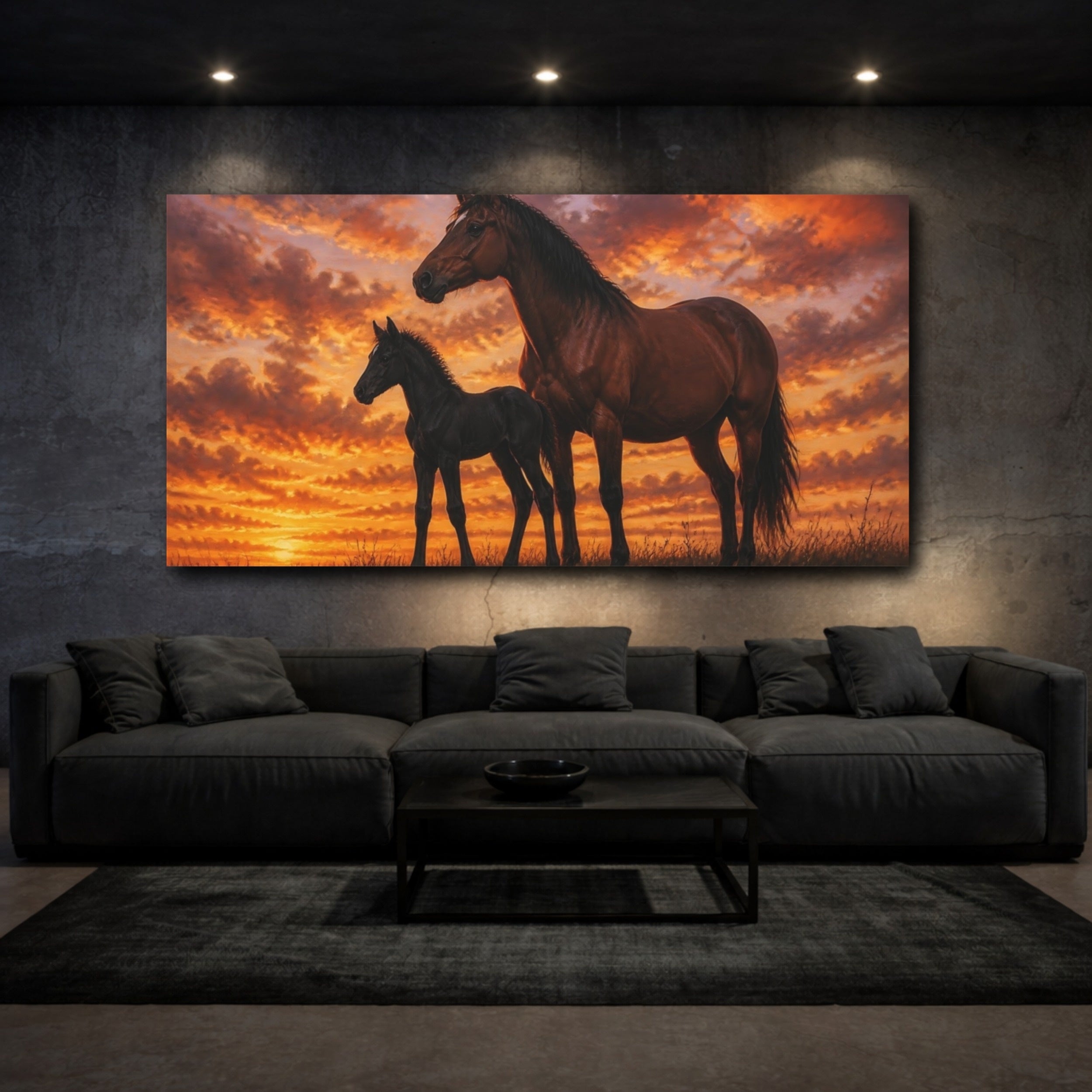 Mockup 3. Animals Horses Brown And Orange shown as stretched canvas wall art