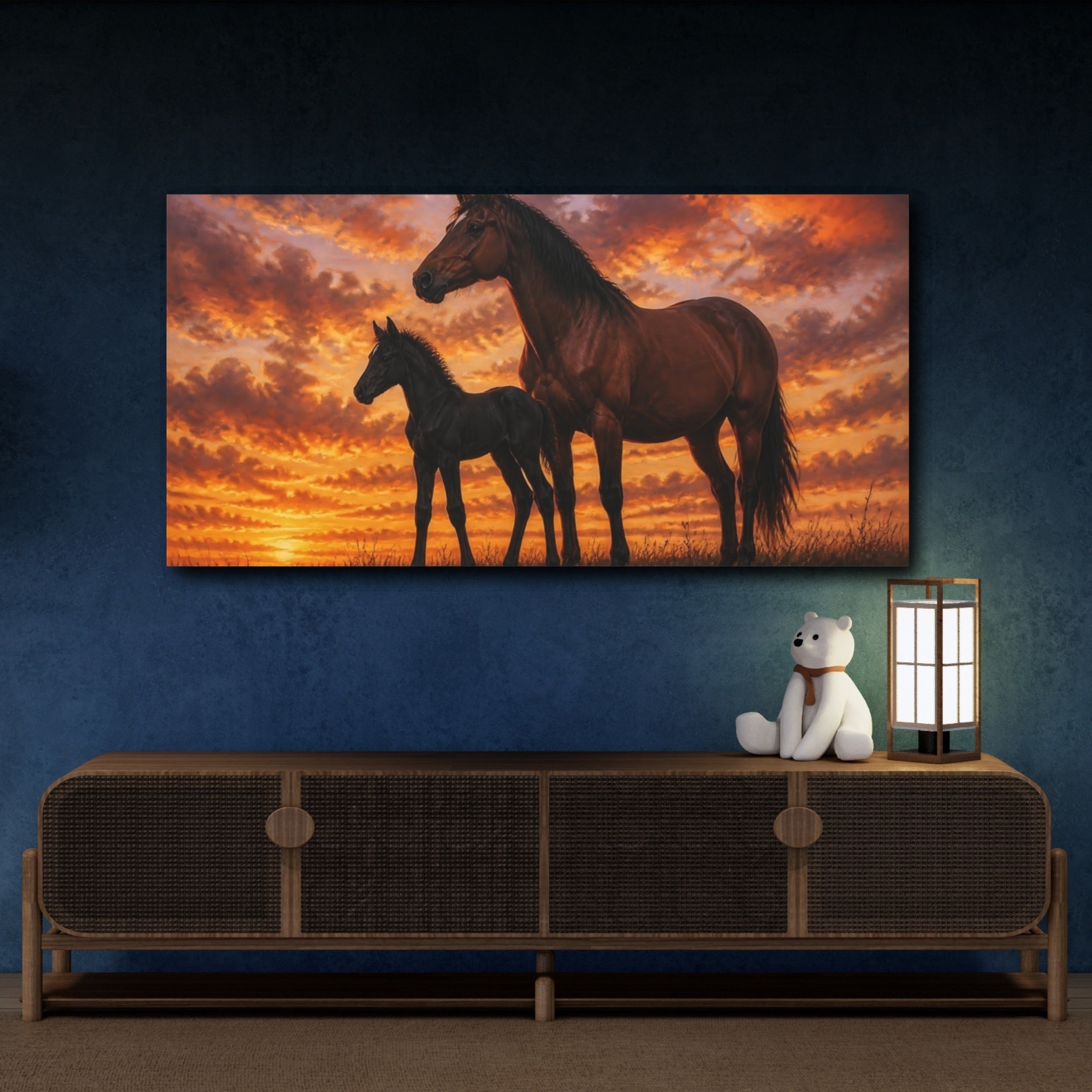 Mockup 4. Animals Horses Brown And Orange shown as stretched canvas wall art