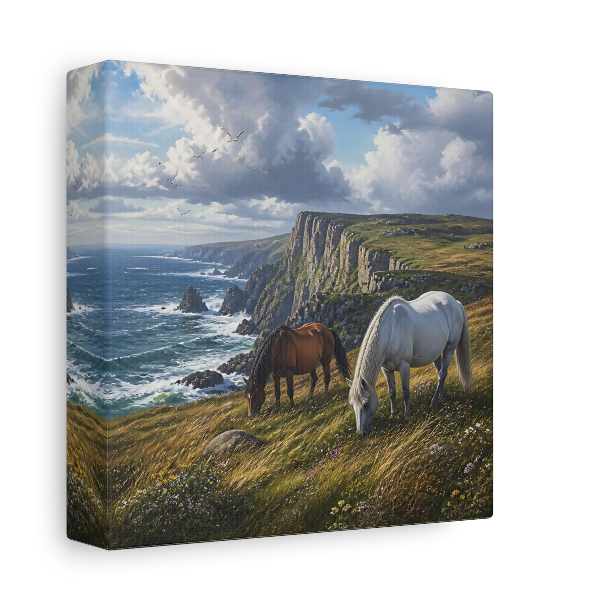 Side Mockup 2. Animals Horses Coastal Horses shown as stretched canvas wall art
