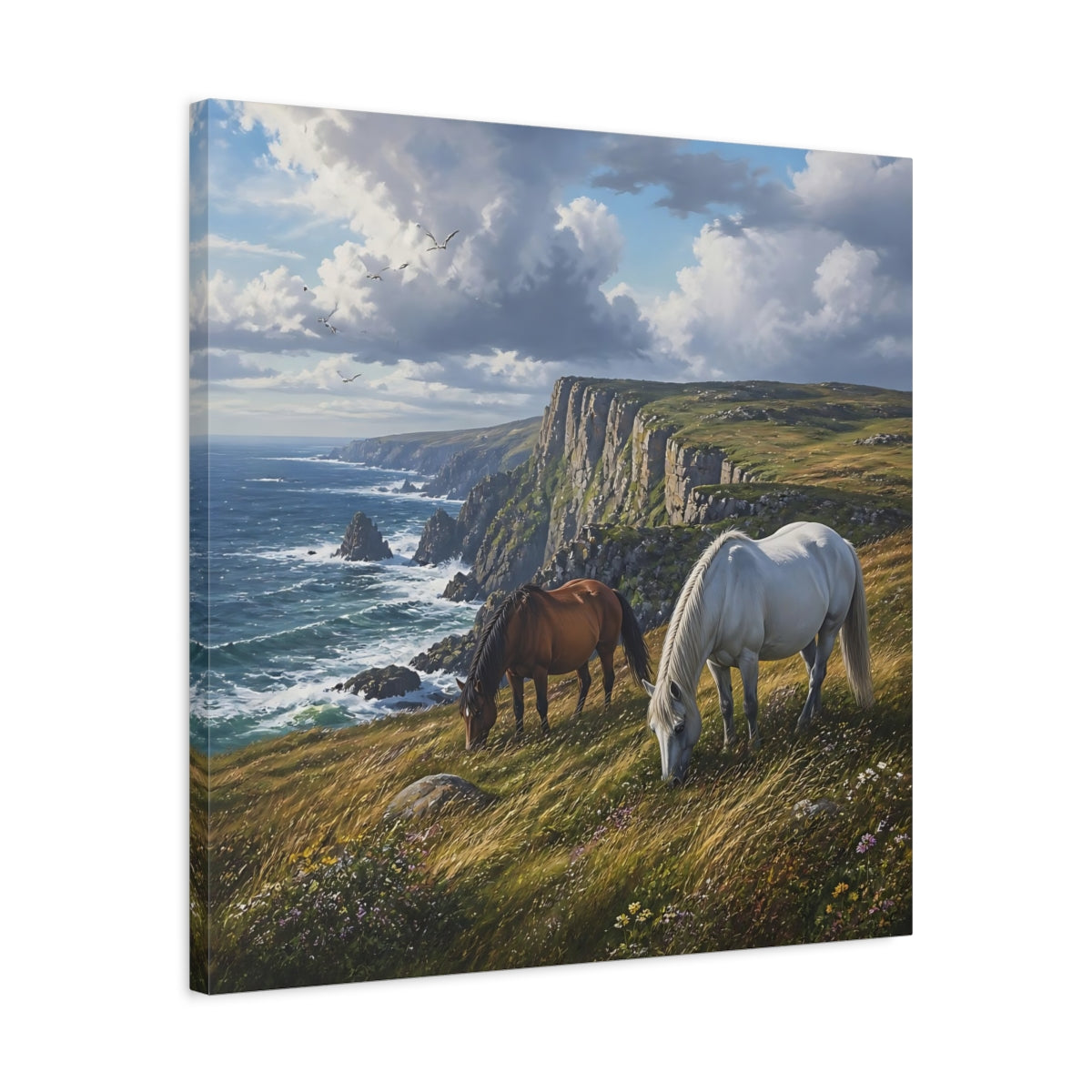 Side Mockup 4. Animals Horses Coastal Horses shown as stretched canvas wall art
