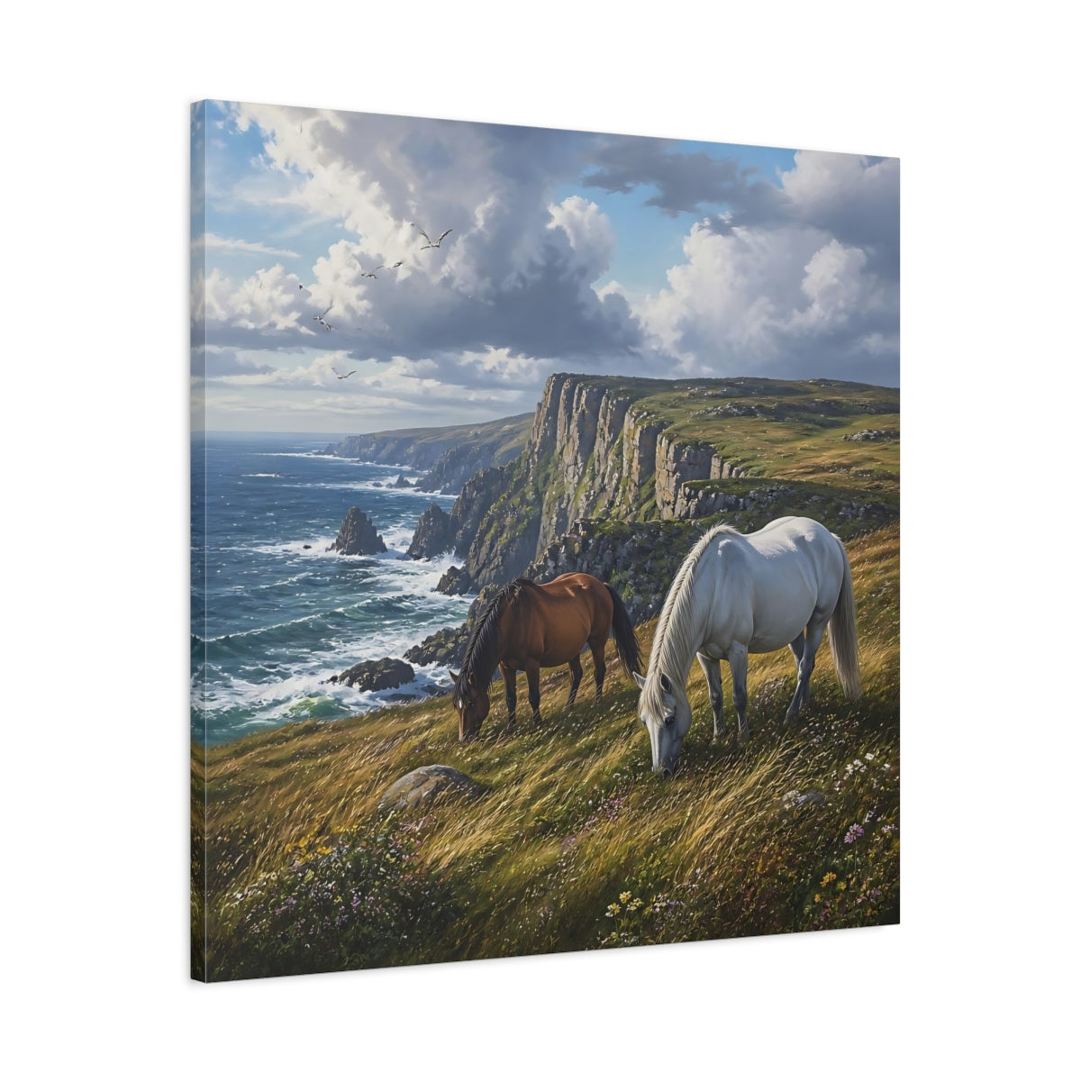 Side Mockup 3. Animals Horses Coastal Horses shown as stretched canvas wall art