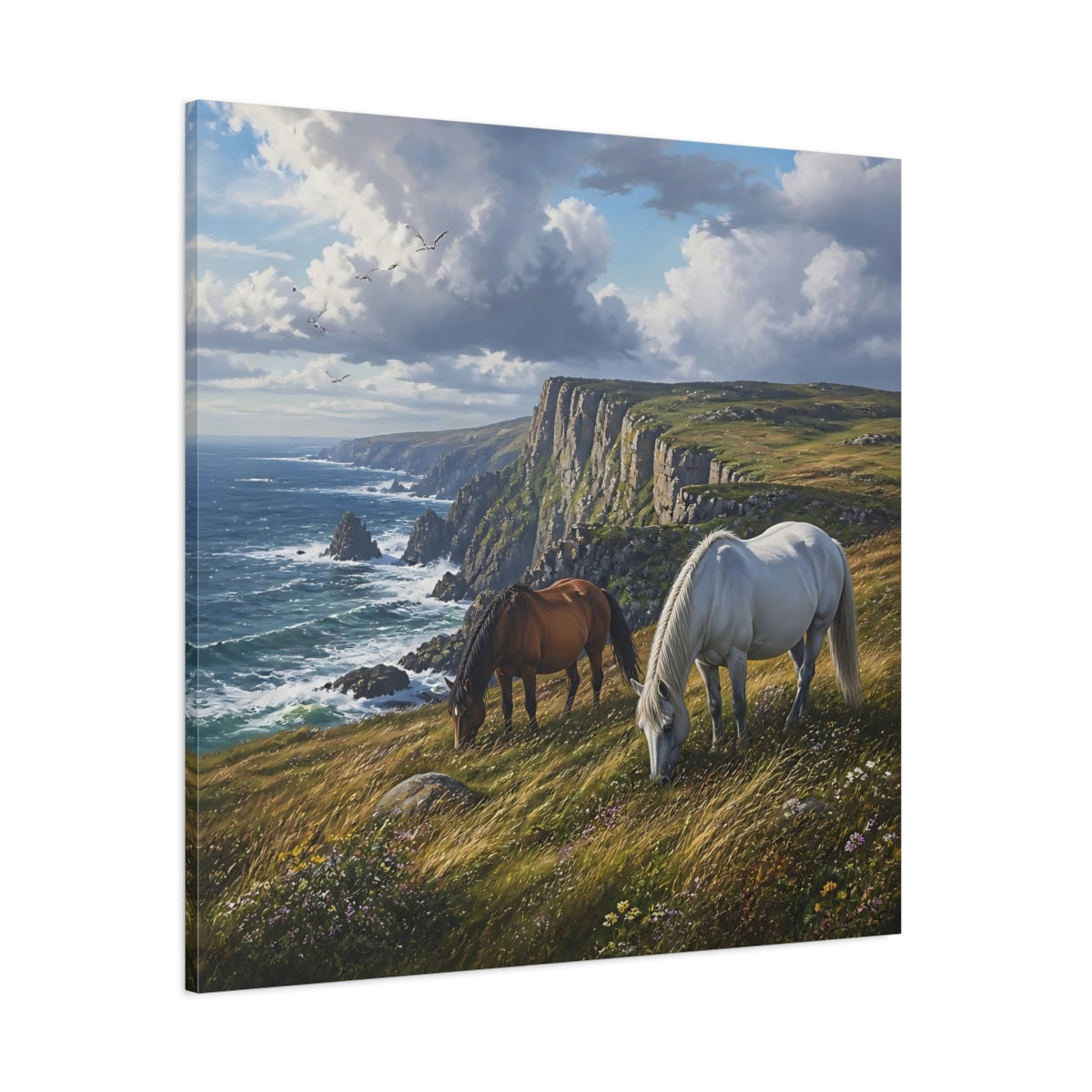 Side Mockup 1. Animals Horses Coastal Horses shown as stretched canvas wall art