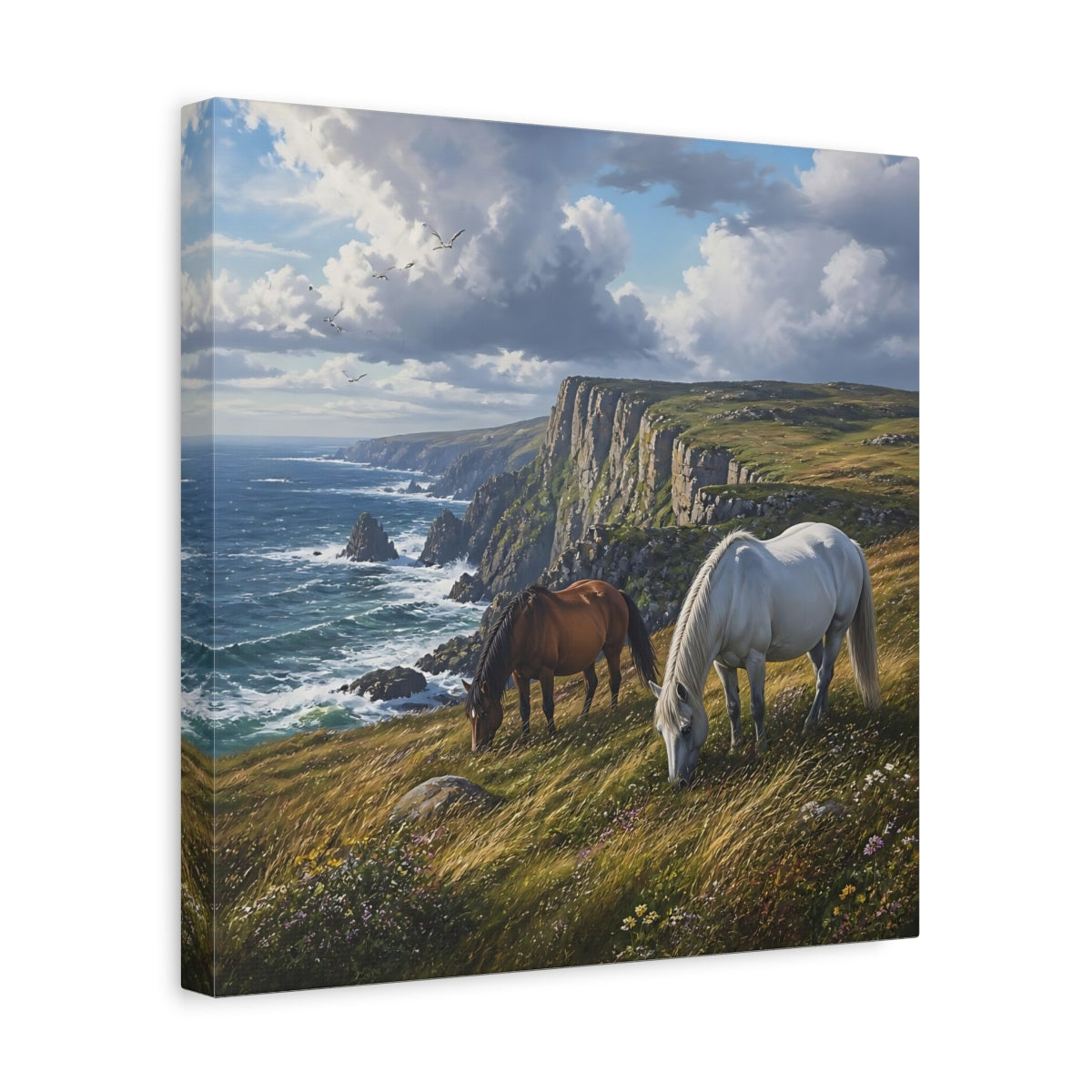 Side Mockup 7. Animals Horses Coastal Horses shown as stretched canvas wall art