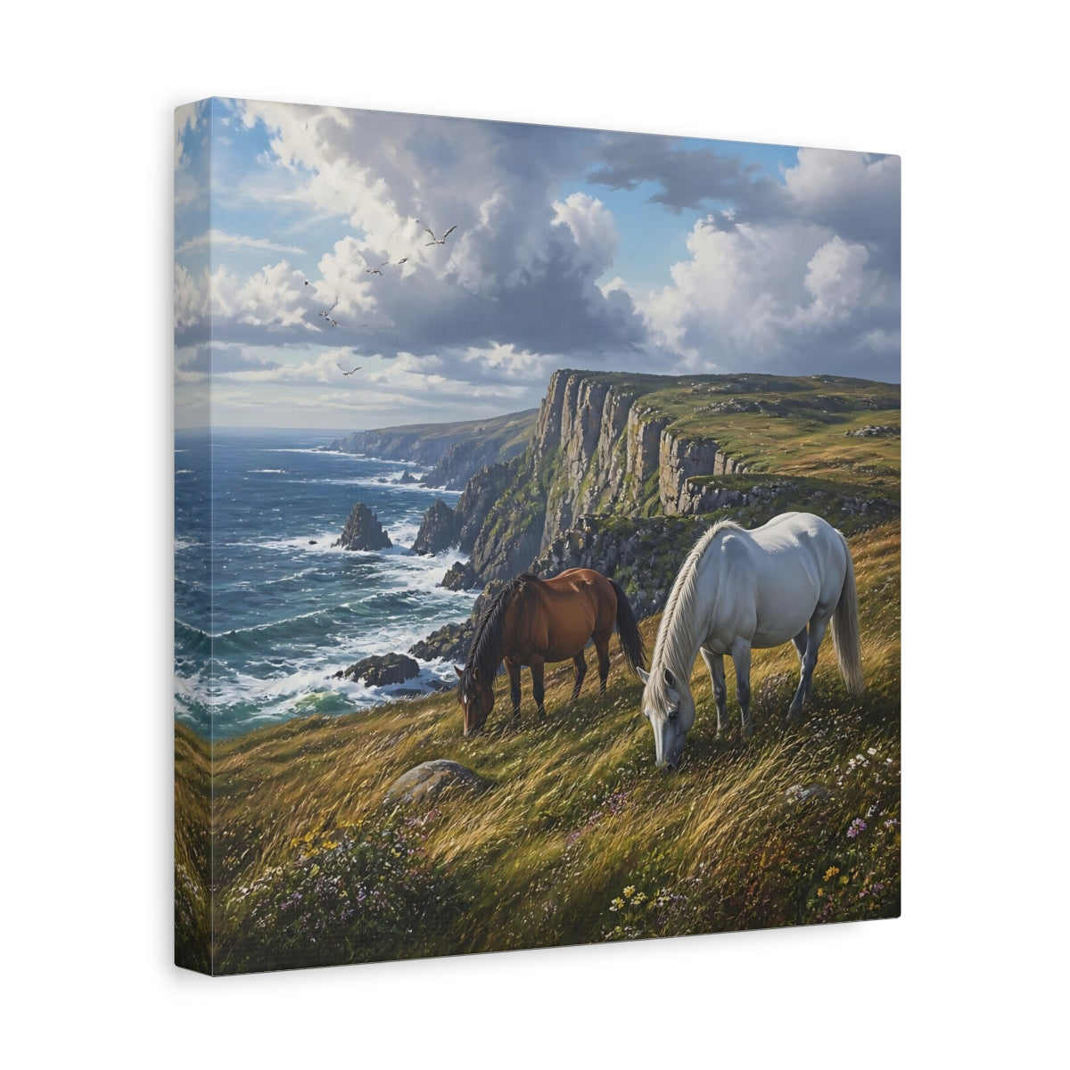 Side Mockup 8. Animals Horses Coastal Horses shown as stretched canvas wall art