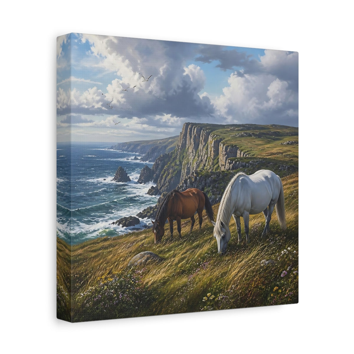 Side Mockup 9. Animals Horses Coastal Horses shown as stretched canvas wall art