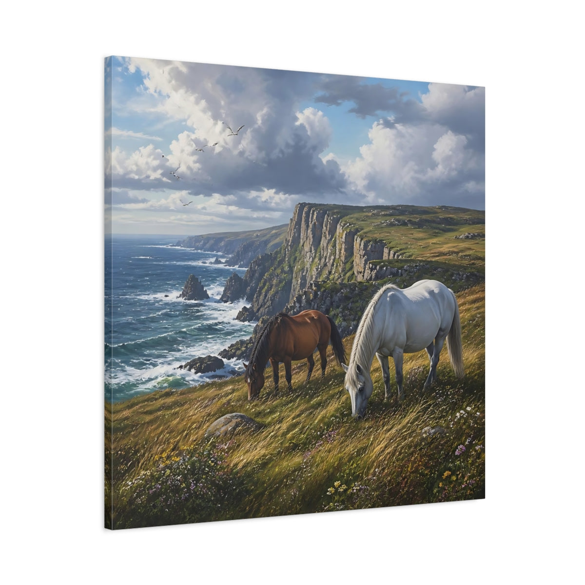 Main Mockup. Animals Horses Coastal Horses shown as stretched canvas wall art