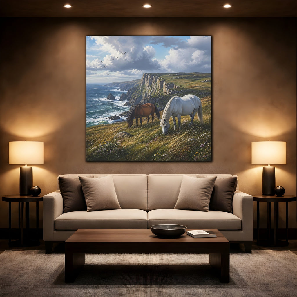 Mockup 2. Animals Horses Coastal Horses shown as stretched canvas wall art