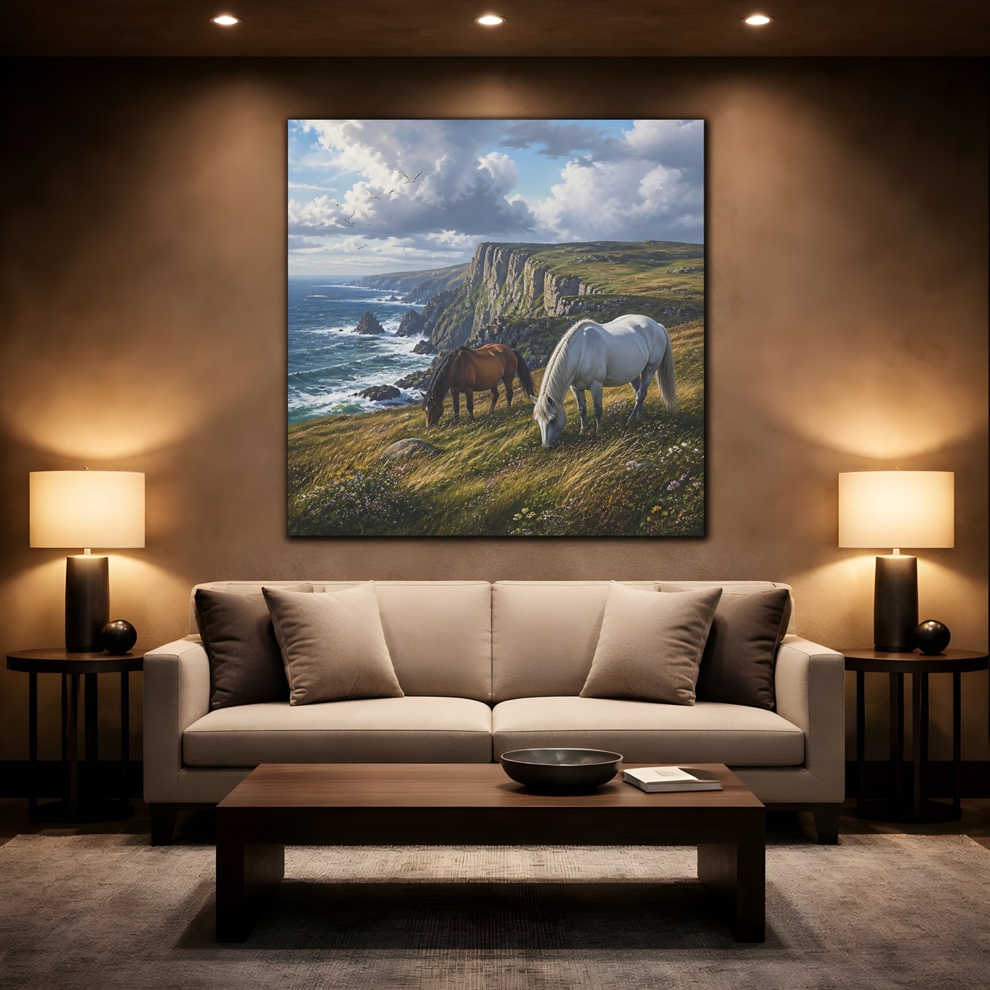 Mockup 2. Animals Horses Coastal Horses shown as stretched canvas wall art