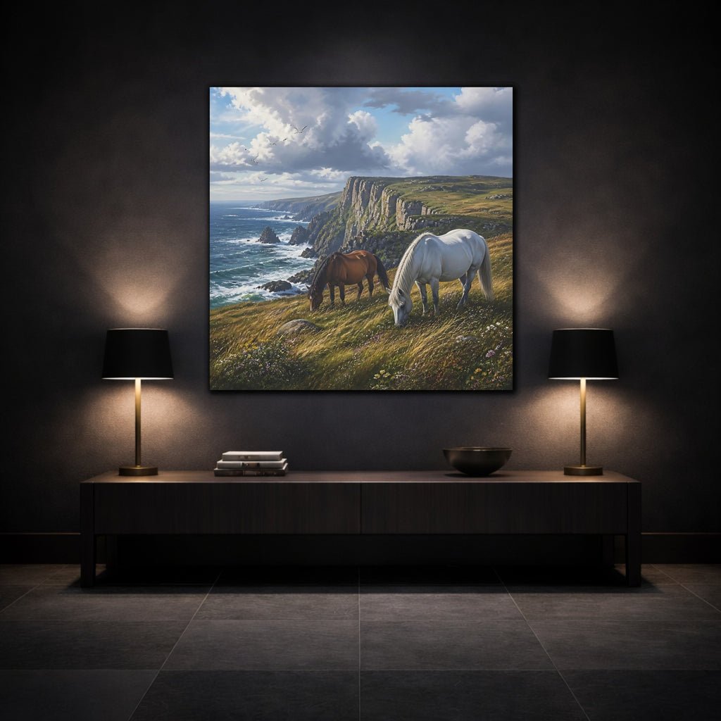 Mockup 3. Animals Horses Coastal Horses shown as stretched canvas wall art