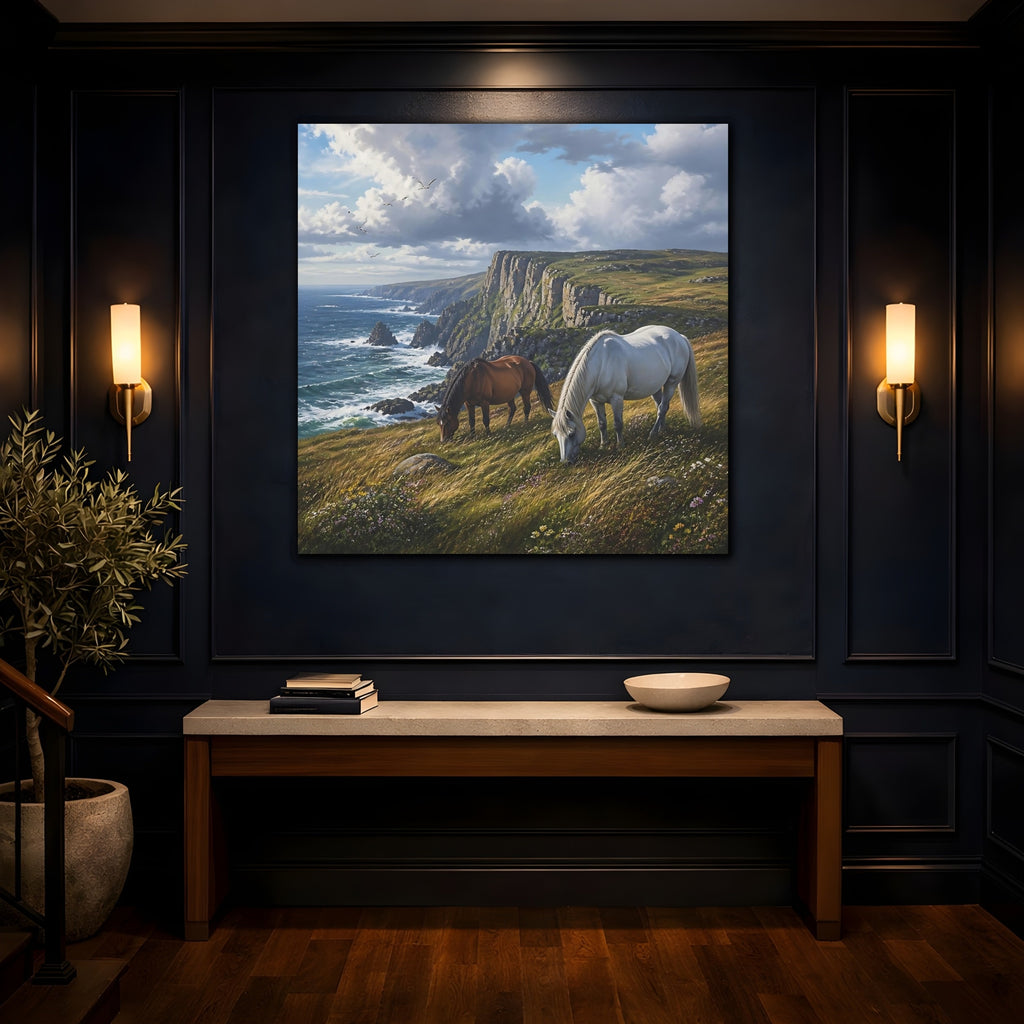 Mockup 4. Animals Horses Coastal Horses shown as stretched canvas wall art