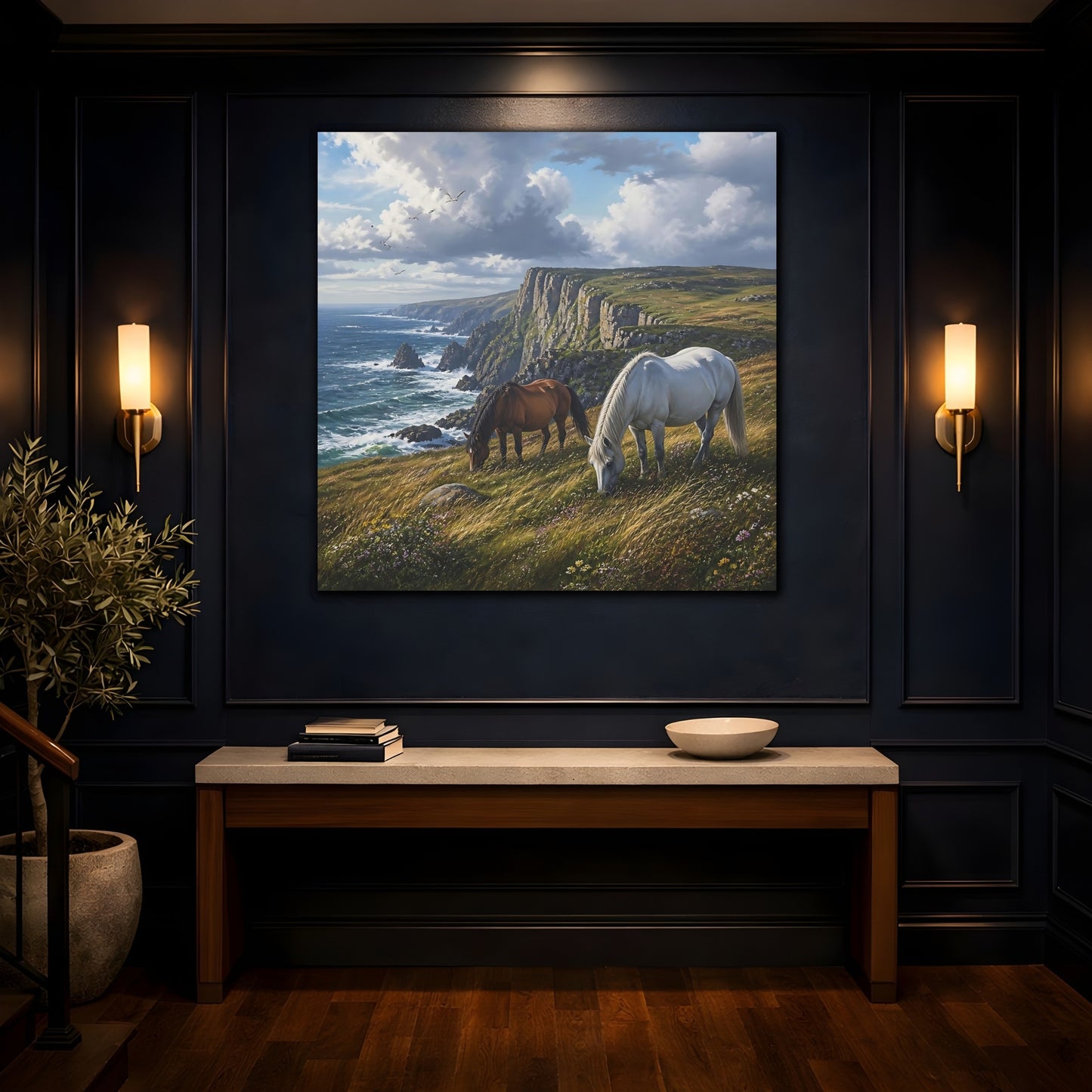 Mockup 4. Animals Horses Coastal Horses shown as stretched canvas wall art