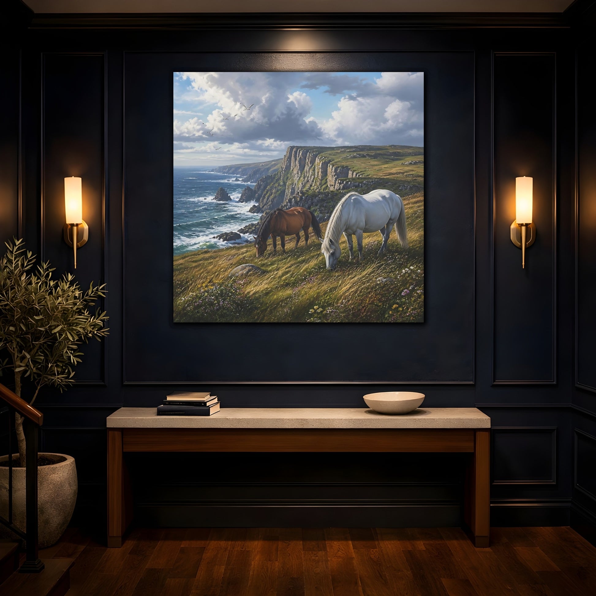 Mockup 4. Animals Horses Coastal Horses shown as stretched canvas wall art