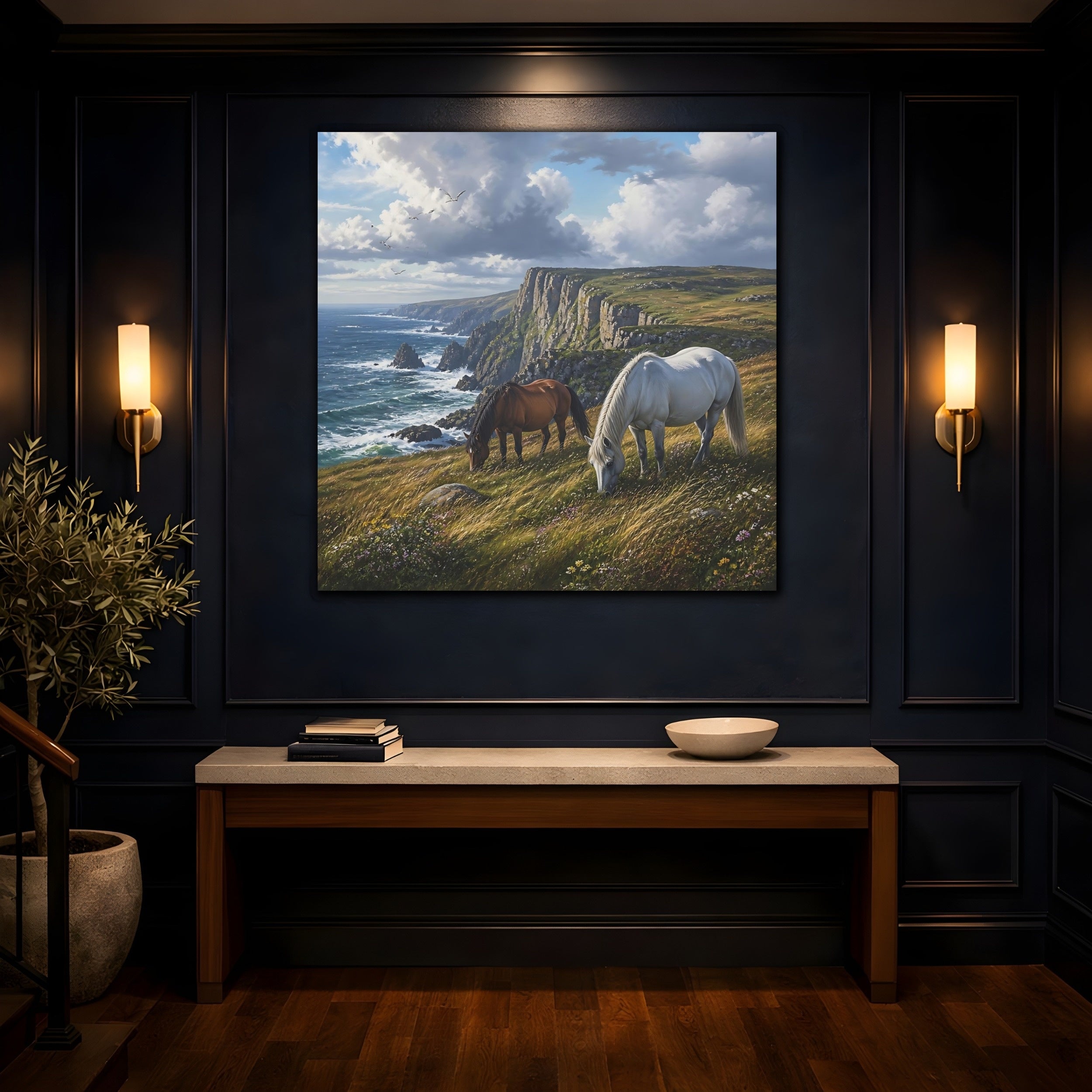 Mockup 4. Animals Horses Coastal Horses shown as stretched canvas wall art