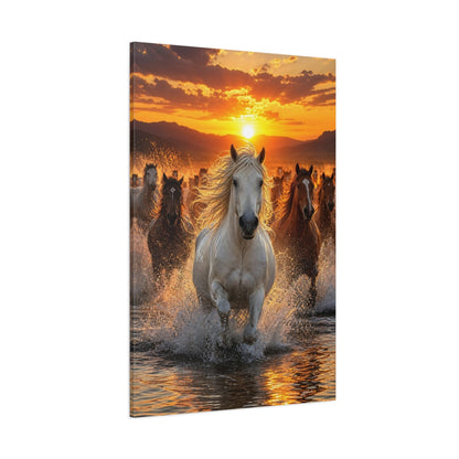 Animals Horses Golden Sunset Canvas Wall Art Print - Realistic Living Room Above Console Table shown as canvas wall art
