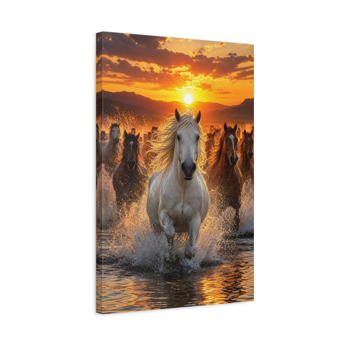 Side Mockup 3. Animals Horses Horses Golden Sunset shown as stretched canvas wall art