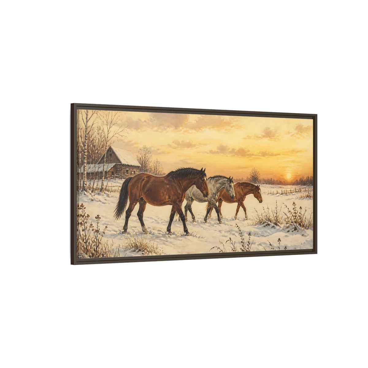 Side Mockup 4. Animals Horses Golden Winter Horses shown as stretched canvas wall art