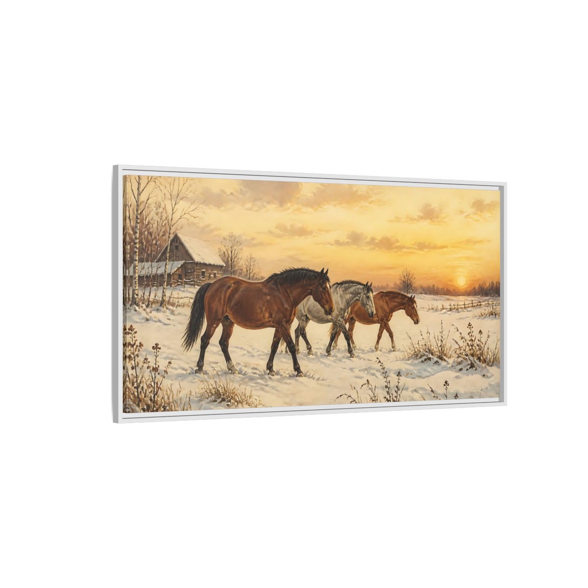 Side Mockup 3. Animals Horses Golden Winter Horses shown as stretched canvas wall art