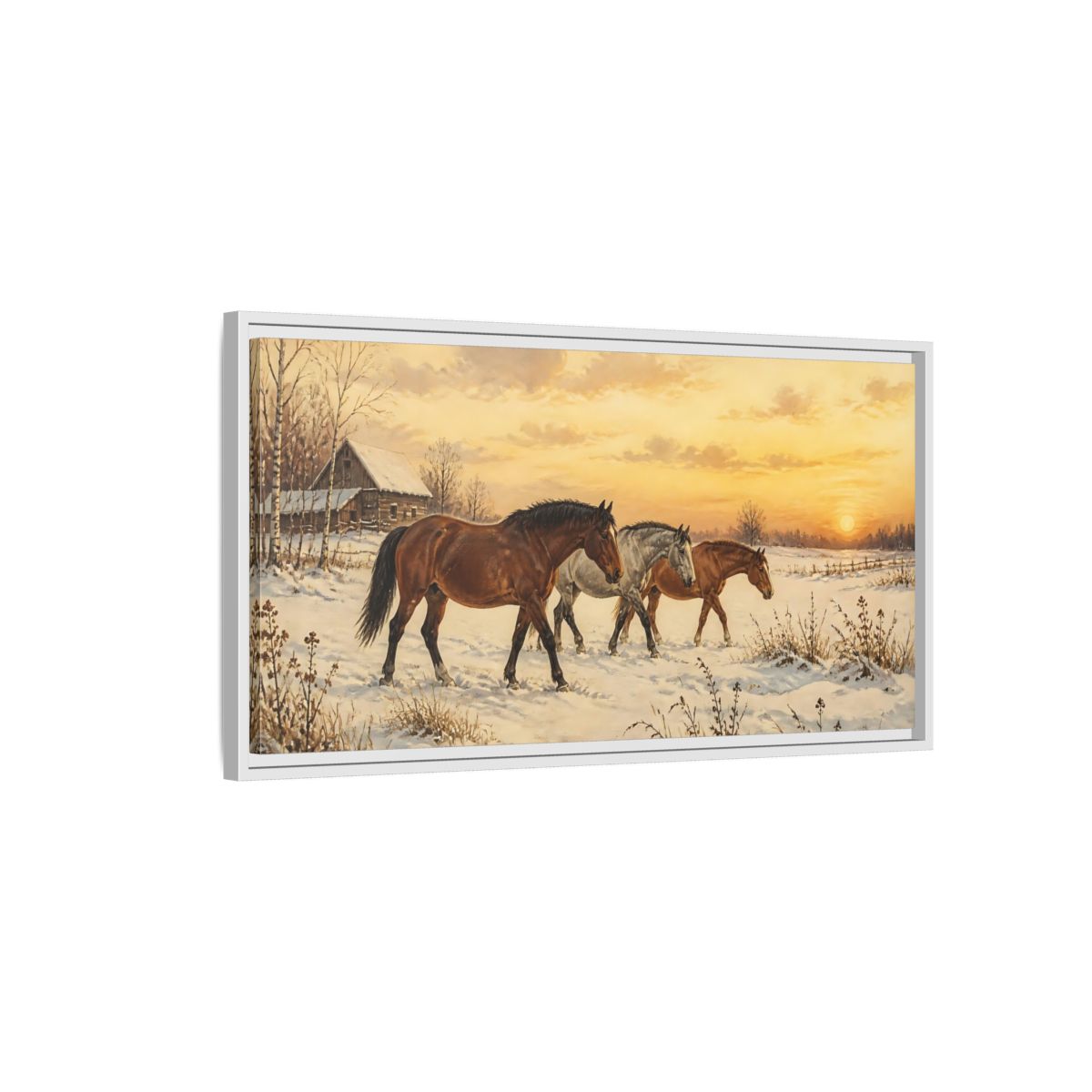 Side Mockup 1. Animals Horses Golden Winter Horses shown as stretched canvas wall art