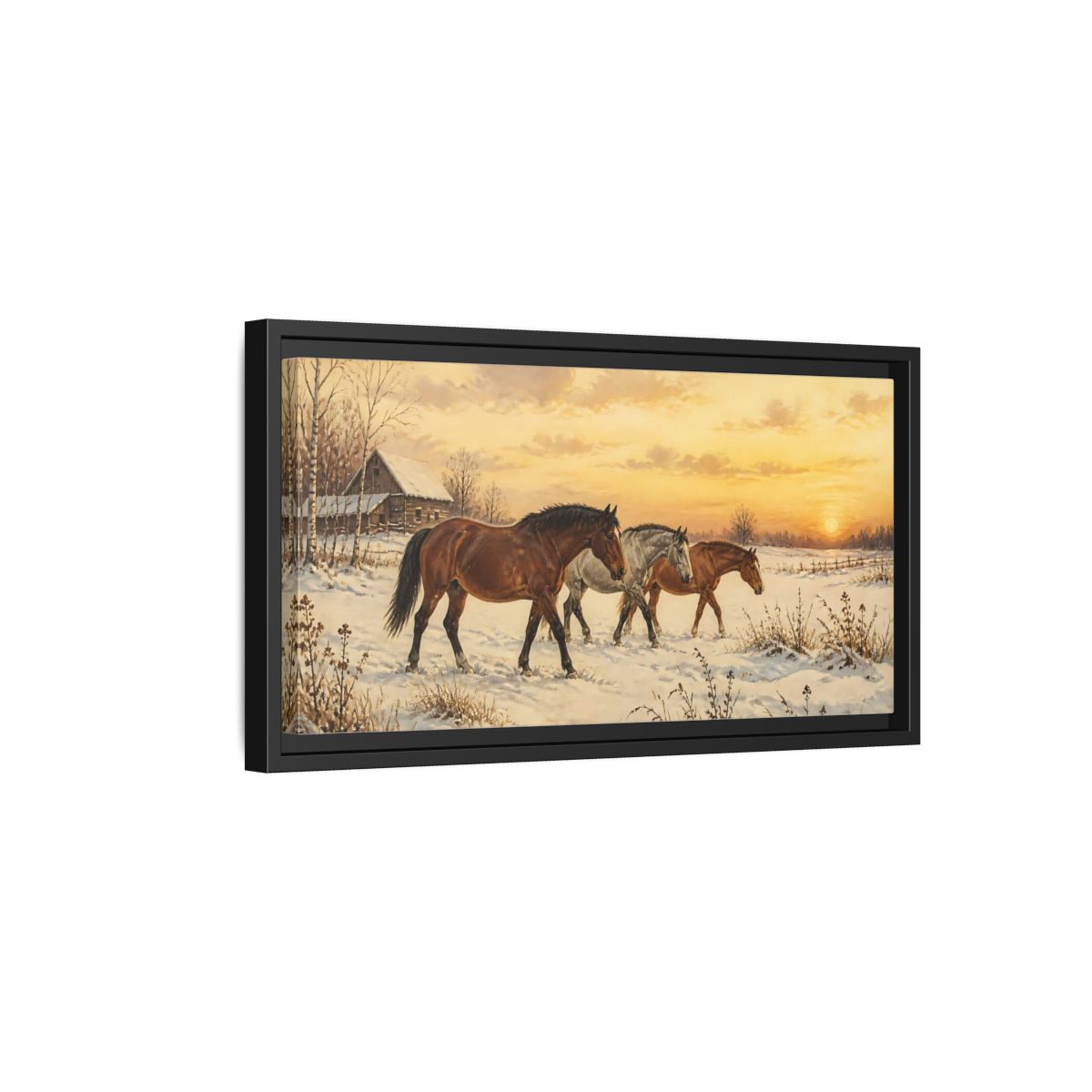 Side Mockup 8. Animals Horses Golden Winter Horses shown as stretched canvas wall art