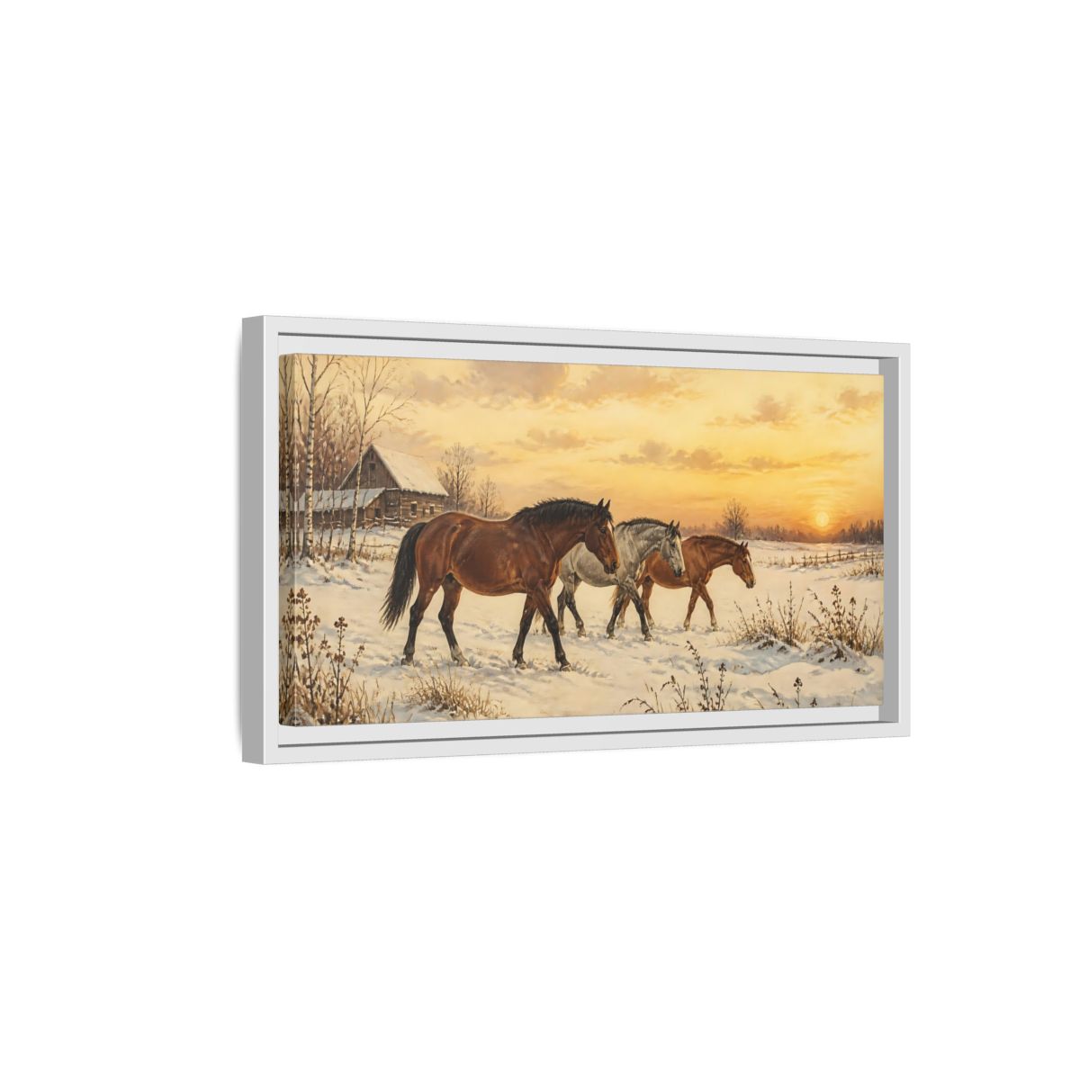 Side Mockup 6. Animals Horses Golden Winter Horses shown as stretched canvas wall art