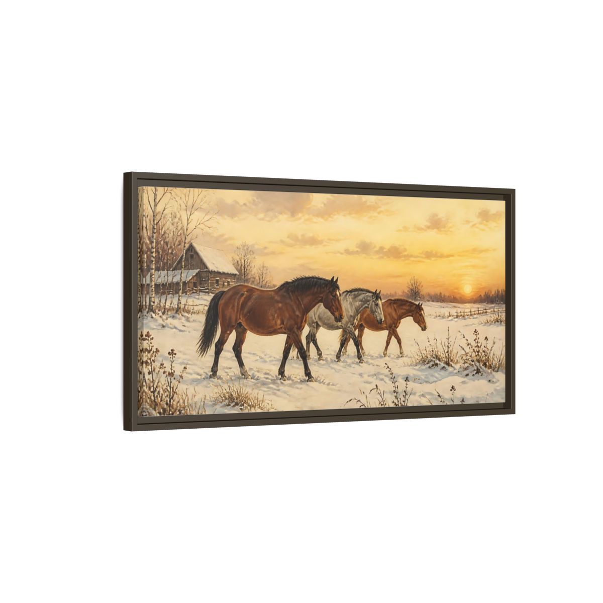 Main Mockup. Animals Horses Golden Winter Horses shown as stretched canvas wall art