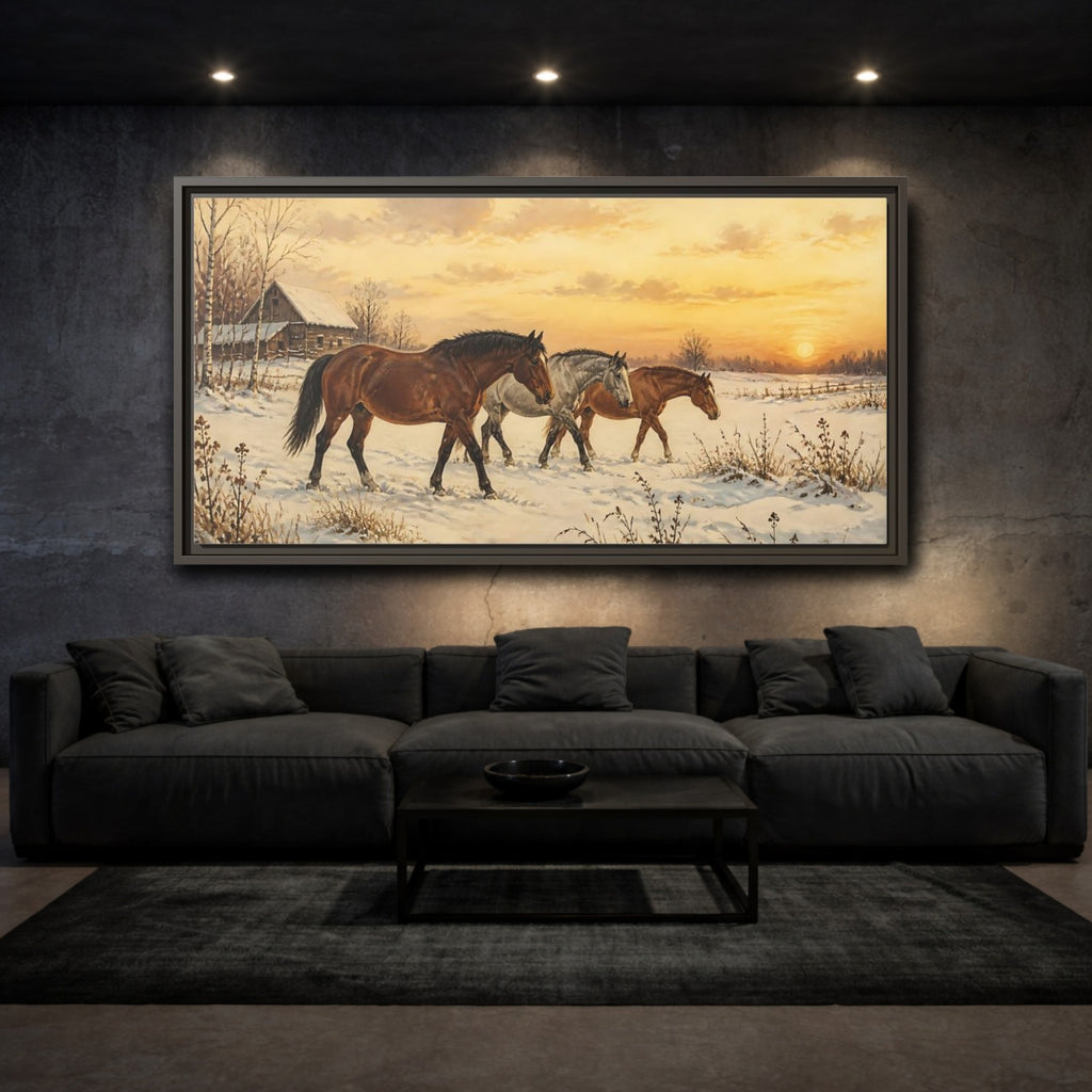 Mockup 3. Animals Horses Golden Winter Horses shown as stretched canvas wall art