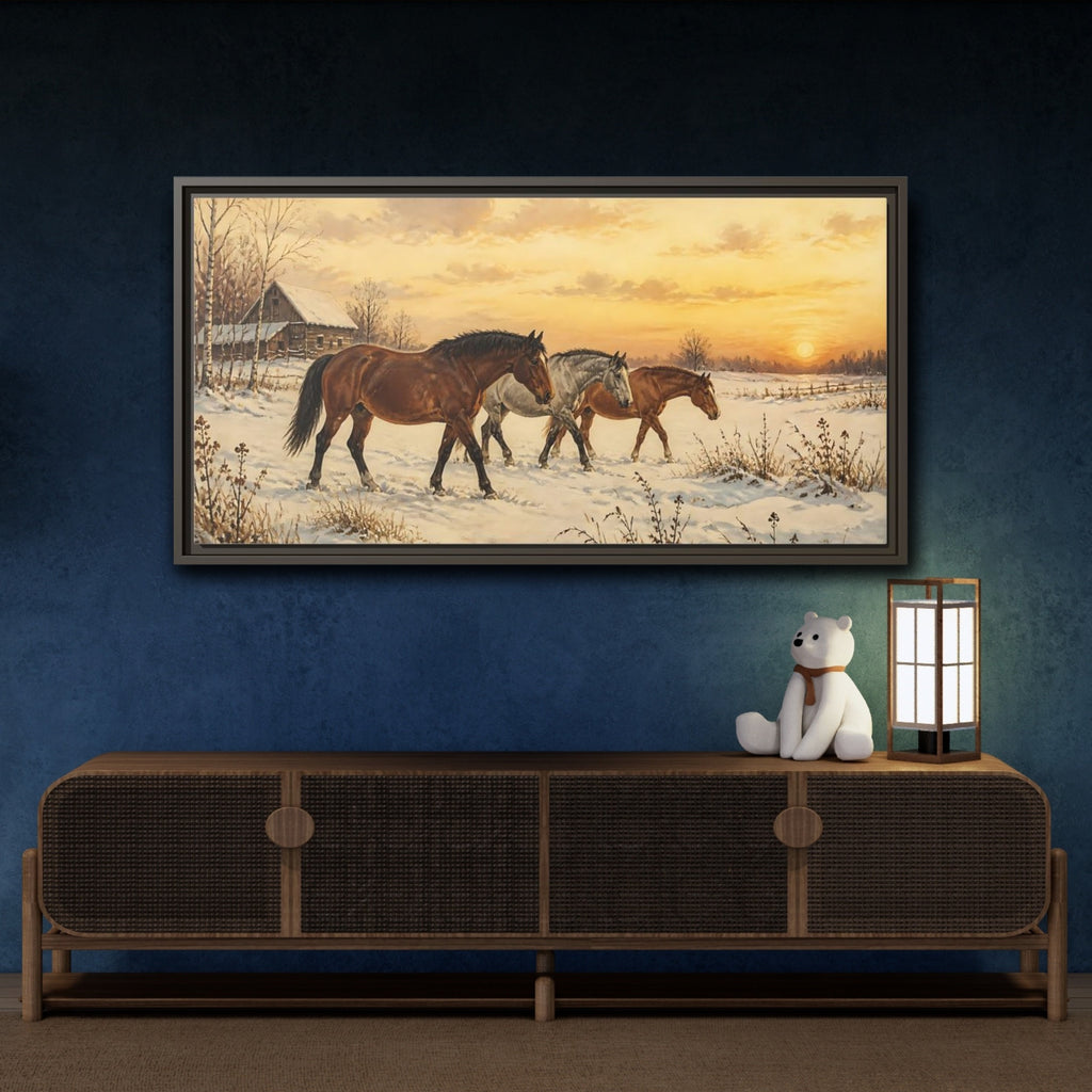 Mockup 4. Animals Horses Golden Winter Horses shown as stretched canvas wall art