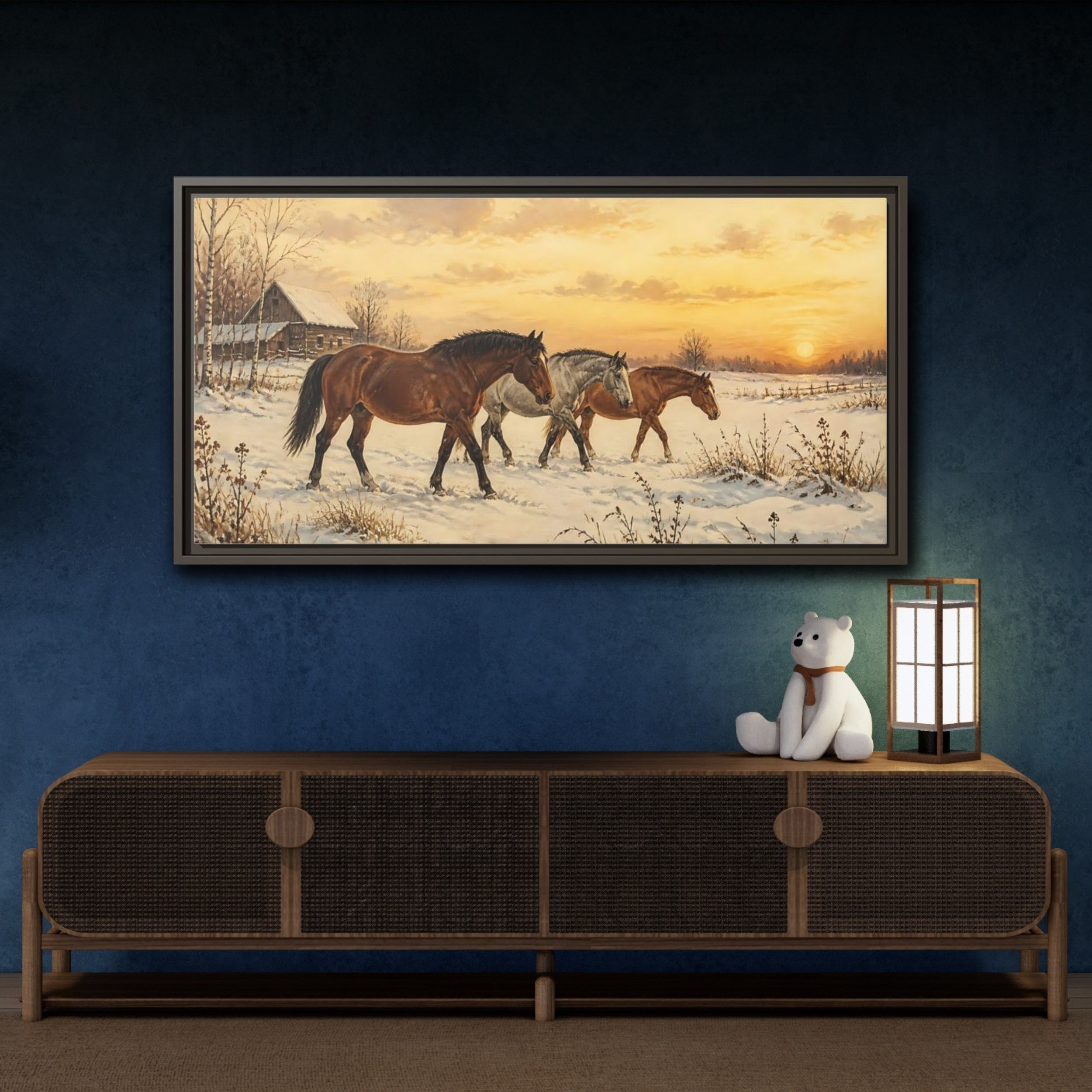 Mockup 4. Animals Horses Golden Winter Horses shown as stretched canvas wall art